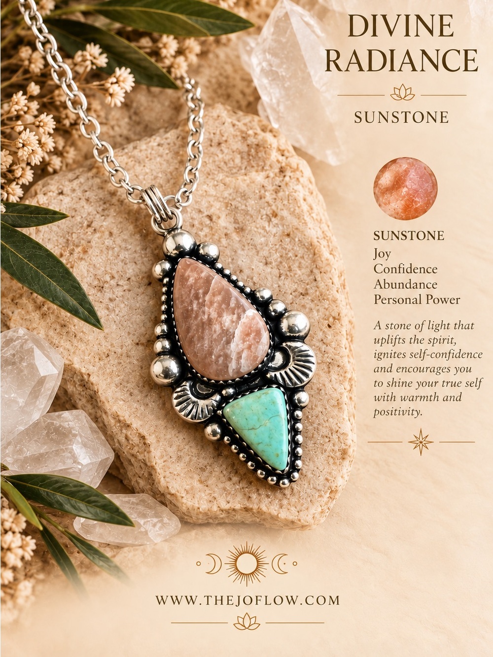 925 Divine Radiance Peach SUNSTONE + AMAZONITE Moon Pendant Necklace